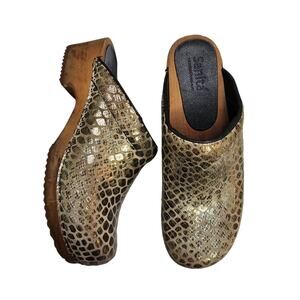 Sanita Womens Slip On Clogs Size EU 39 Metallic Snake Print Leather Wood Heel